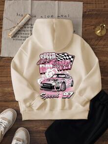 1 pieza Sudadera informal con estampado de coche de carreras para niña preadolescente, corte holgado, forro térmico cálido, adecuado para estudiantes y jóvenes, otoño/invierno - Albaricoque - Ver 3