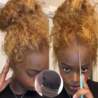 ZHENDEFA Hidden Strap 360 Jerry Curly Lace Front Wigs Human Hair #4/27 Ombre Highlight HD Transparnet 360 Full Lace Frontal Wig Deep Curly Honey Blonde Glueless Wigs With Elastic Drawstring