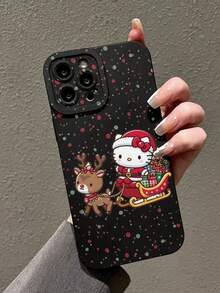 Sanrio 1pc Hello Kitty Dressed As Santa Claus Wearing Santa Hat With Reindeer Sled Pattern Fashionable Personalized Protective Phone Case, Suitable As Gift For Girlfriend, Best Friend, Wife, Couples, Aunt, Boss, Sister, Couple, Classmates, Teacher, Birthday Or Holiday Gift, Matte Black Soft Full Coverage Protective Anti-Dust And Waterproof Case Compatible With IPhone 13/17/16/15/14/13/12/11/Pro/ProMax/X/XR/XS/XSMAX/7/8/PLUS And Models