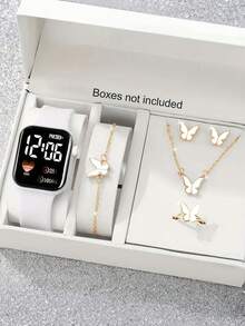 6/1pc Cute And Stylish LED Heart-Shaped Digital Display Electronic Watch, Suitable For Girls To Wear, Equipped With Butterfly Jewelry Bracelet, Pendant Necklace, Ring And A Pair Of Earrings, Suitable For Students, Very Suitable For Daily Life Such As School, Parties And Travel. Birthday Gifts, Graduation Season, Valentine's Day, Christmas, Perfect Gifts For Girls