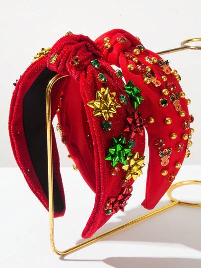 1pc Christmas Element Headband, Bohemian Style Green Plastic Flower & Deer Decor, Rhinestone Embellished, Holiday Party Hair Accessory, Hair Band Hair Hoop