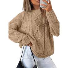 2025  Women's Oversized Cable Knit Crewneck Sweaters - Camel - View 1