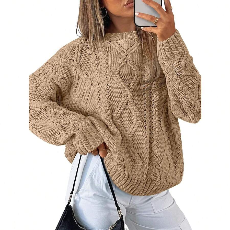 2025 Women's Oversized Cable Knit Crewneck Sweaters - Camel - View 1