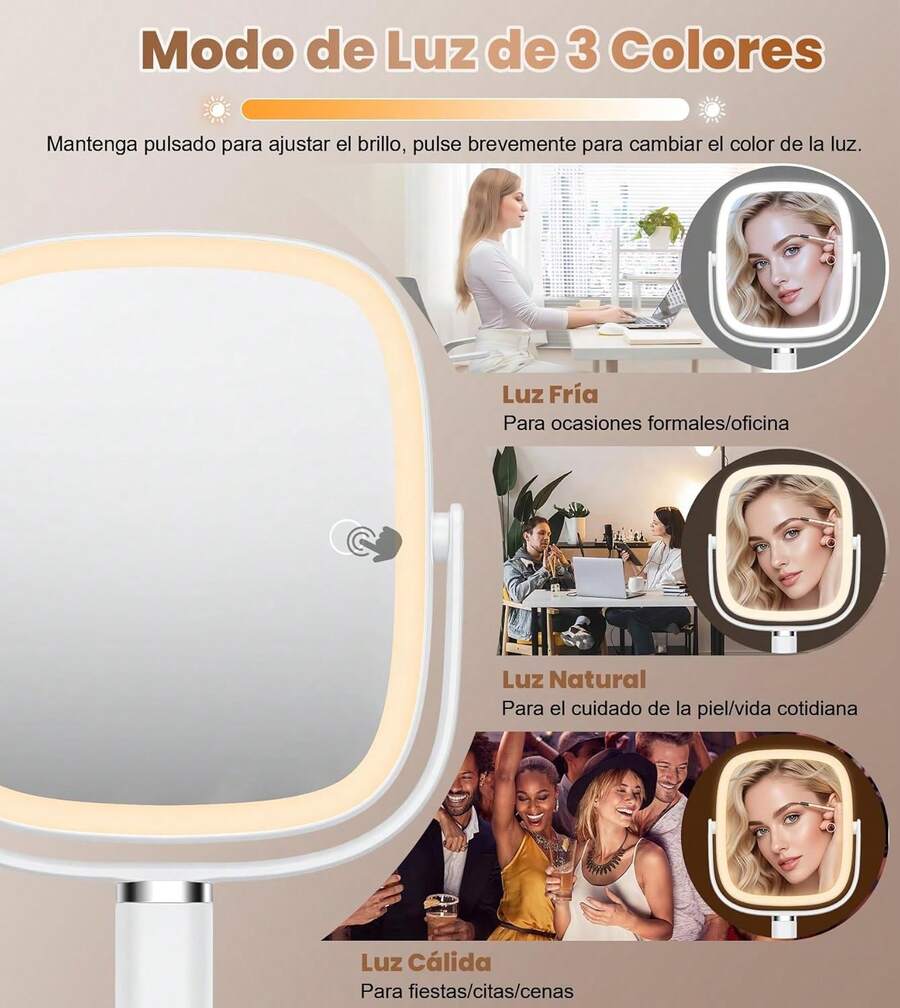 XXZU Espejo con luz para Maquillaje,Espejo de Doble Cara Recargable de mAh,Espejos de tocador con Soporte para Celular,Aumento de 1X/10X,Giratorio de 360 ° ,3 ajustes de Color, Brillo Ajustable GRU3 - 1 - Ver 1