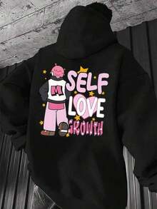 Men's Casual Pullover Hoodie With Self Love Growth & Cartoon Figure Print,Stylish Long Sleeve Sweatshirt, Streetwear,Fall Hoodies,Men's Fall Clothes,Street Wear,Halloween,Mens Hoodies,Y2k Clothes,Jesus Hoodie,Thanksgiving Day,Nightmare Before Christmas,Christmas - 黑色 - 查看 1