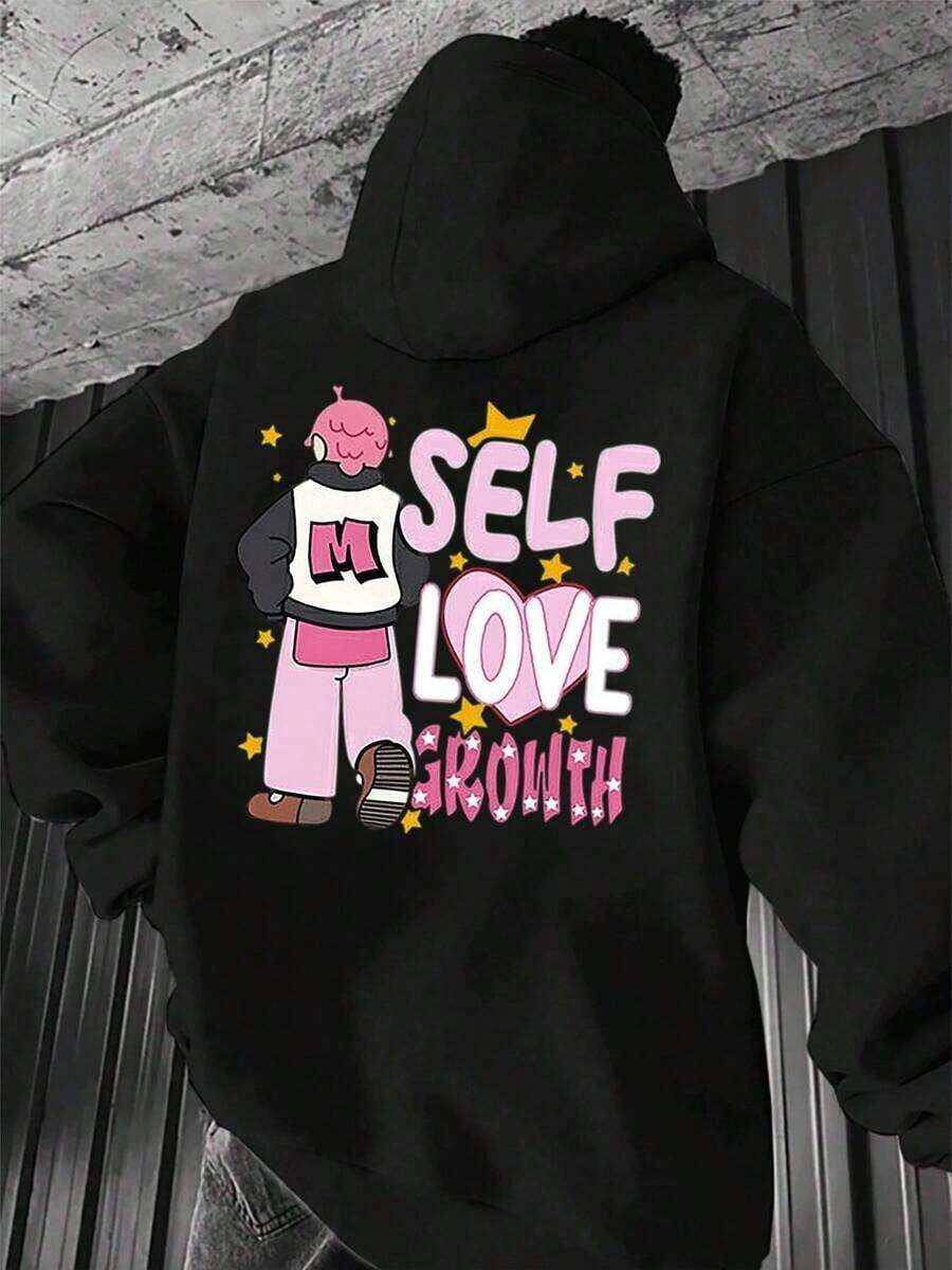 Men's Casual Pullover Hoodie With Self Love Growth & Cartoon Figure Print,Stylish Long Sleeve Sweatshirt, Streetwear,Fall Hoodies,Men's Fall Clothes,Street Wear,Halloween,Mens Hoodies,Y2k Clothes,Jesus Hoodie,Thanksgiving Day,Nightmare Before Christmas,Christmas - 黑色 - 查看 1