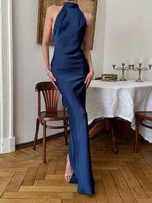 Onicee Summer Dress, Blue Satin Backless Elegant Party Dress For Women, Suitable For Valentine's Day, Dates, Gatherings, Parties, Travel, Vacation, Beach And Other Occasions - Navy Blue - View 9