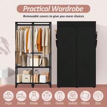 HLJ  Wardrobe Closet Quick And Easy Assembly Black Portable Closet With 2 Hanging Rods 4 Storage Shelves And 8 Side Pockets Sturdy And Stable Clothes Rack With Cover For Bedroom And Dormitory129 - Black - View 5