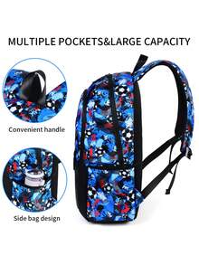 Mochila con estampado de fútbol para hombres, mochila escolar de moda con graffiti y color contrastante, mochila para portátil casual de gran capacidad y acolchada con múltiples bolsillos, adecuada para la universidad, vuelta al colegio, viajes y uso casual