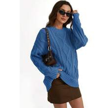 2025  Women's Oversized Cable Knit Crewneck Sweaters - Azure Blue - View 5