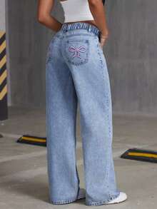Tween Girls' Loose Fit Distressed Denim Trousers With Embroidered Bow Decor, Comfortable & Wide Leg Jeans - Medium Wash - View 3