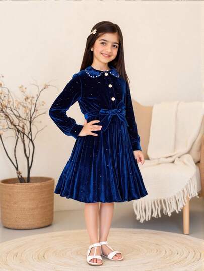 Vestido de terciopelo elegante para niña para otoño/invierno, vestido de terciopelo azul en polvo de plata con decoración de botón de perla, de moda y elegante, adecuado para uso casual y diario
