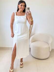 Elegant Long Dress With Slit, Stretch And Viscose Lining For Summer Wedding Party - White - View 3