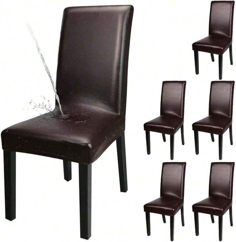 YISUN Dining Chair Covers, Solid Pu Leather Waterproof And Oilproof Stretch Dining Chair Protector Cover Slipcover (Deep Coffee, 6 Pack)