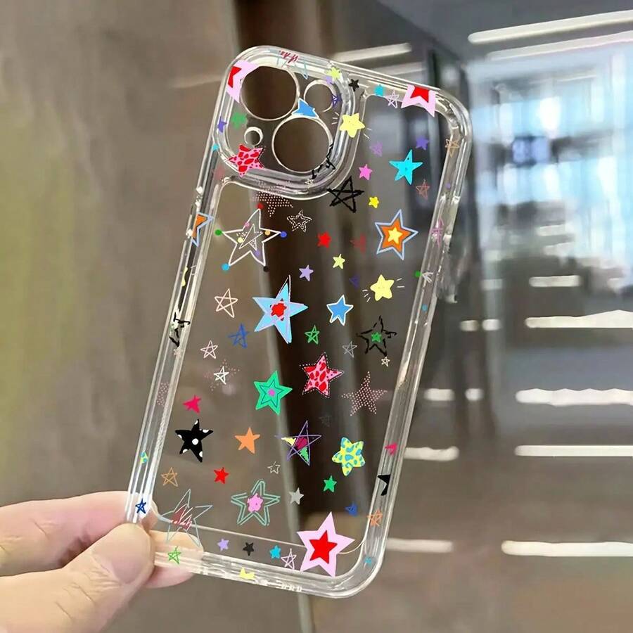 Estuche de teléfono elegante Estuche de teléfono: 1 estuche transparente con patrón de pentagrama colorido, carcasa espacial transparente, estuche protector adecuado para iPhone 11 12 13pro max 15pro 14 16pro max plus, estuche protector para teléfono 7 8 x xs xr xsmax - estrella colorida Presenta un estilo más individualista - 1 pieza - Ver 1