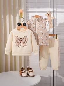 Baby Girls' Fashion Casual Cute Set: Bow Print Thermal Lined Sweatshirt + Stylish Cute Cotton Vest + Patchwork Thermal Lined Pants - Apricot - View 1