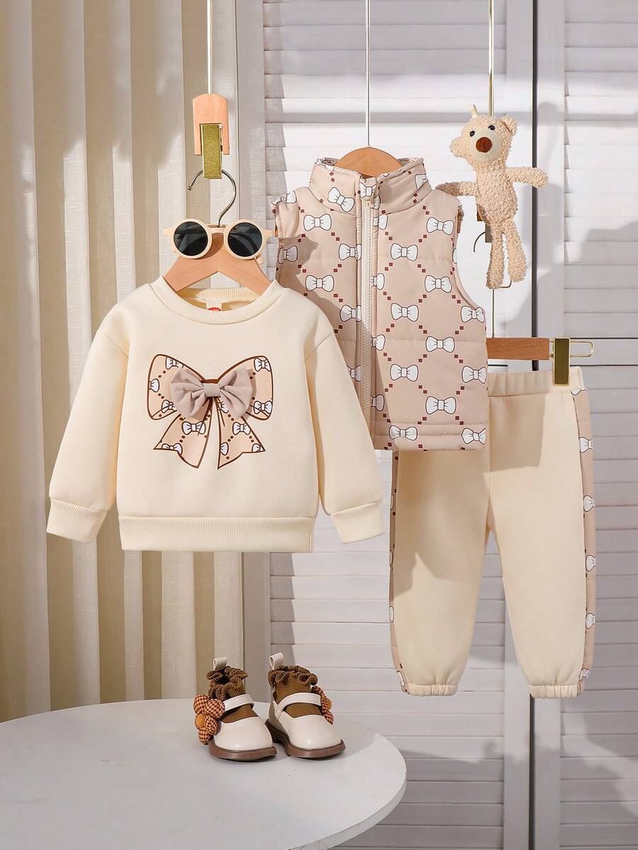 Baby Girls' Fashion Casual Cute Set: Bow Print Thermal Lined Sweatshirt + Stylish Cute Cotton Vest + Patchwork Thermal Lined Pants - Apricot - View 1