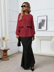 Plus Size Plain Batwing Sleeve Loose Pullover Sweater, Winter - Burgundy - View 6