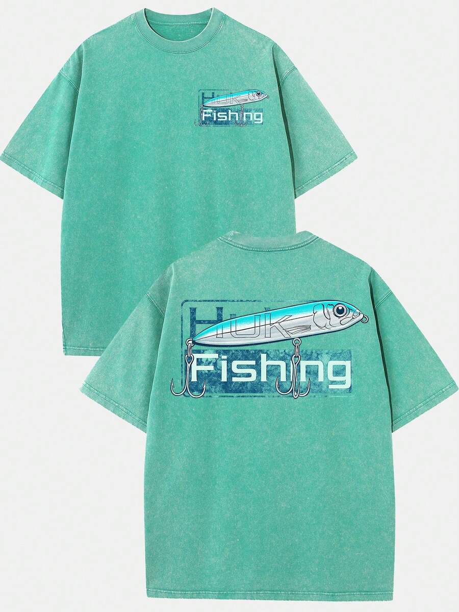 (230g T-Shirt)Men's Washed Cotton Retro HUK Fishing Blue Lure Graphic Tee, Oversized Casual Crewneck Short Sleeve T-Shirt, Vintage Fishing Tackle Style Top - Green - View 1