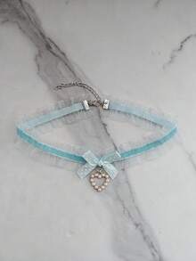 1 件欧美风格蓝色蕾丝可爱甜美锁骨链仿珍珠心形蝴蝶结颈链，送给她的礼物 - 藍色 - 查看 2