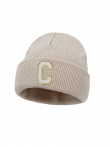 1pc Kids Knitted Hat With 26 Letter Pattern, Solid Color Knit Cap, Girls Hat, Warm Outdoor Hat, Autumn/Winter - Beige - View 8
