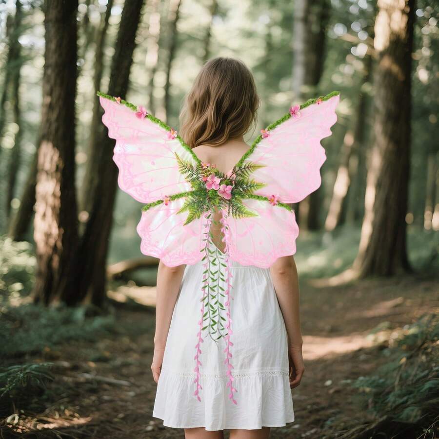 Fairy Wings With Green Leaves And Flowers, Butterfly Wing Cosplay Costume Accessory For Women - Hồng - Xem 1