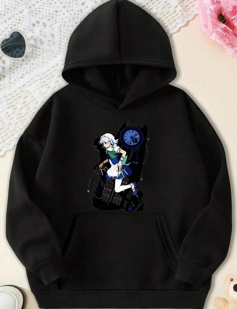 Anime Maid Character_Graphic  Printed Sy Hoodie,Fall Hoodies,Men's Fall Clothes,Street Wear,Halloween,Mens Hoodies,Y2k Clothes,Jesus Hoodie,Thanksgiving Day,Nightmare Before Christmas,Christmas - 黑色 - 查看 1