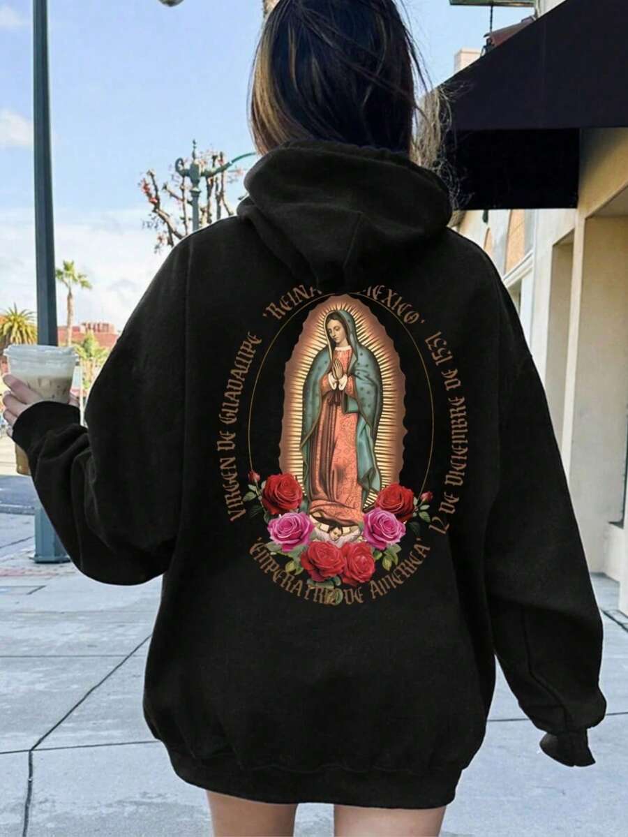 Mujer003-1 Sudadera de mujer Almacén local en México  invierno sudadera de manga larga cómoda suave Sudadera con capucha negra con impresión de la Virgen de Guadalupe y rosas - Negro - Ver 1