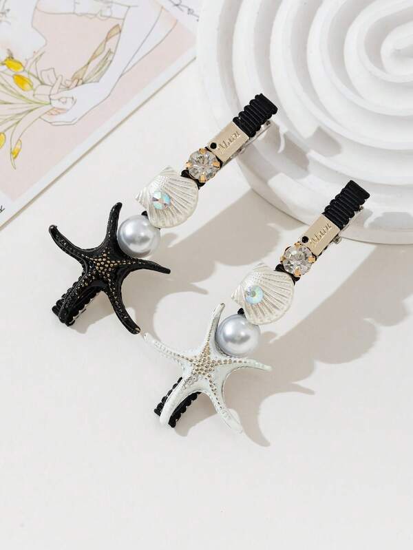 2pcs/Set Casual Black & White Starfish & Shell Decor Hair Clips With Rhinestones, Suitable For Daily Wear, Holidays, Dates, Gifts, Looks Of Party