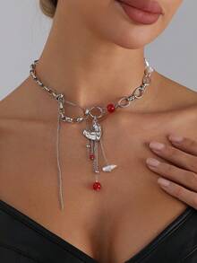 1pc Y2K Punk Style Dark Girl Asymmetric Heart Pendant Beaded Tassel Necklace, Suitable For Various Theme Parties