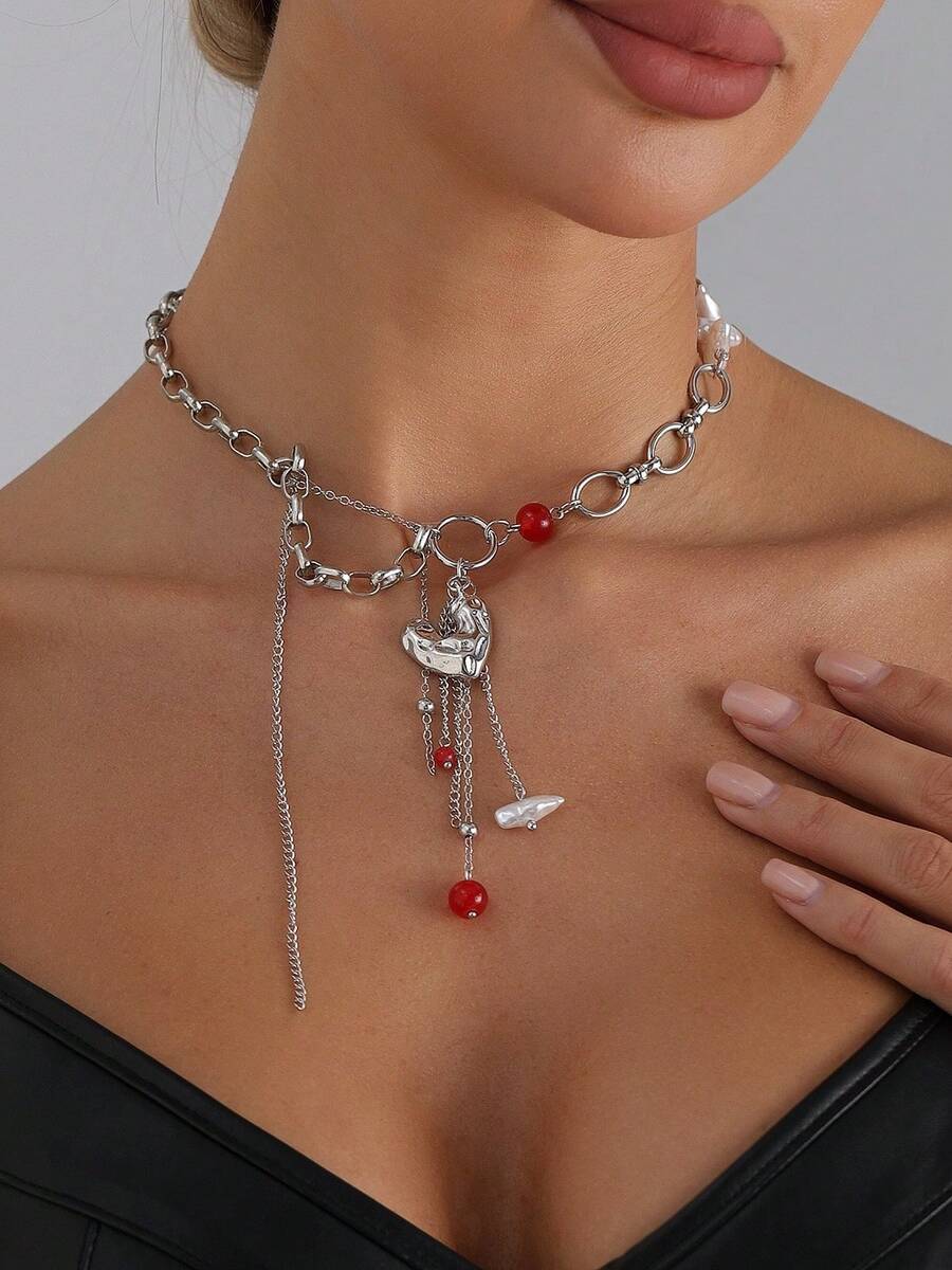 1pc Y2K Punk Style Dark Girl Asymmetric Heart Pendant Beaded Tassel Necklace, Suitable For Various Theme Parties