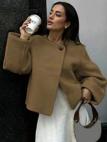 Damski elegancki, prosty, swobodny, uniwersalny, luźny, podszyty guzikami, gruby, krótki płaszcz, odpowiedni na codzienne wyjścia, do domu, na święta, randki, do biura, w podróż jesienią/zimą i na Boże Narodzenie - Wielbłąd - Zobacz 4