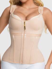 1Pc Women Breast Shaping Slimming Body Shaper ,With Double Layer Tight Waist Trainer,Tummy Control Body Shaper Vest With Bra,Body Shaperwear Tops,Zipper And Hooks Corset ,Suitable For Various Occasions - Khaki - View 4