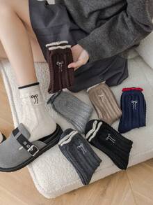 1/2/3/5 双装女士中筒袜，适合秋冬季节，可爱蝴蝶结图案，保暖舒适，可搭配靴子，厚羊毛袜，舒适袜