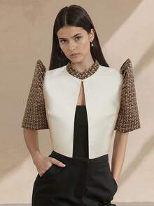 Amyenjoylife Modern Delicate Sleeve Patchwork Stand-Up Collar Top, Elegant Open Top - Coffee Brown - View 4