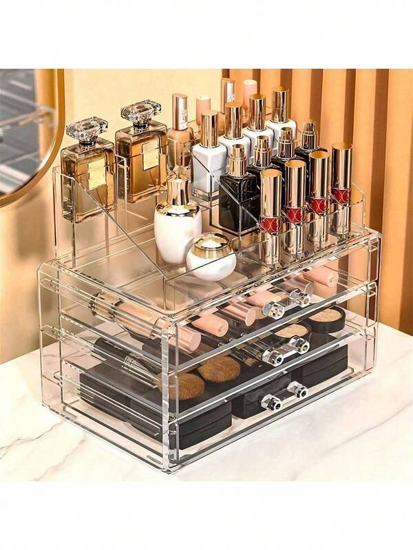 صندوق تخزين المكياج صندوق عرض مستحضرات التجميل الشفاف الكبير قابل للتكديس مع 3 أدراج لطاولة الزينة، مجموعة من قطعتين