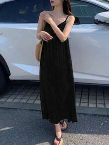 Solid Color Spaghetti Strap Straight Loose Ribbed Casual Mid-Length Dress For Women, Spring/Summer Elegant Black - Black - View 4