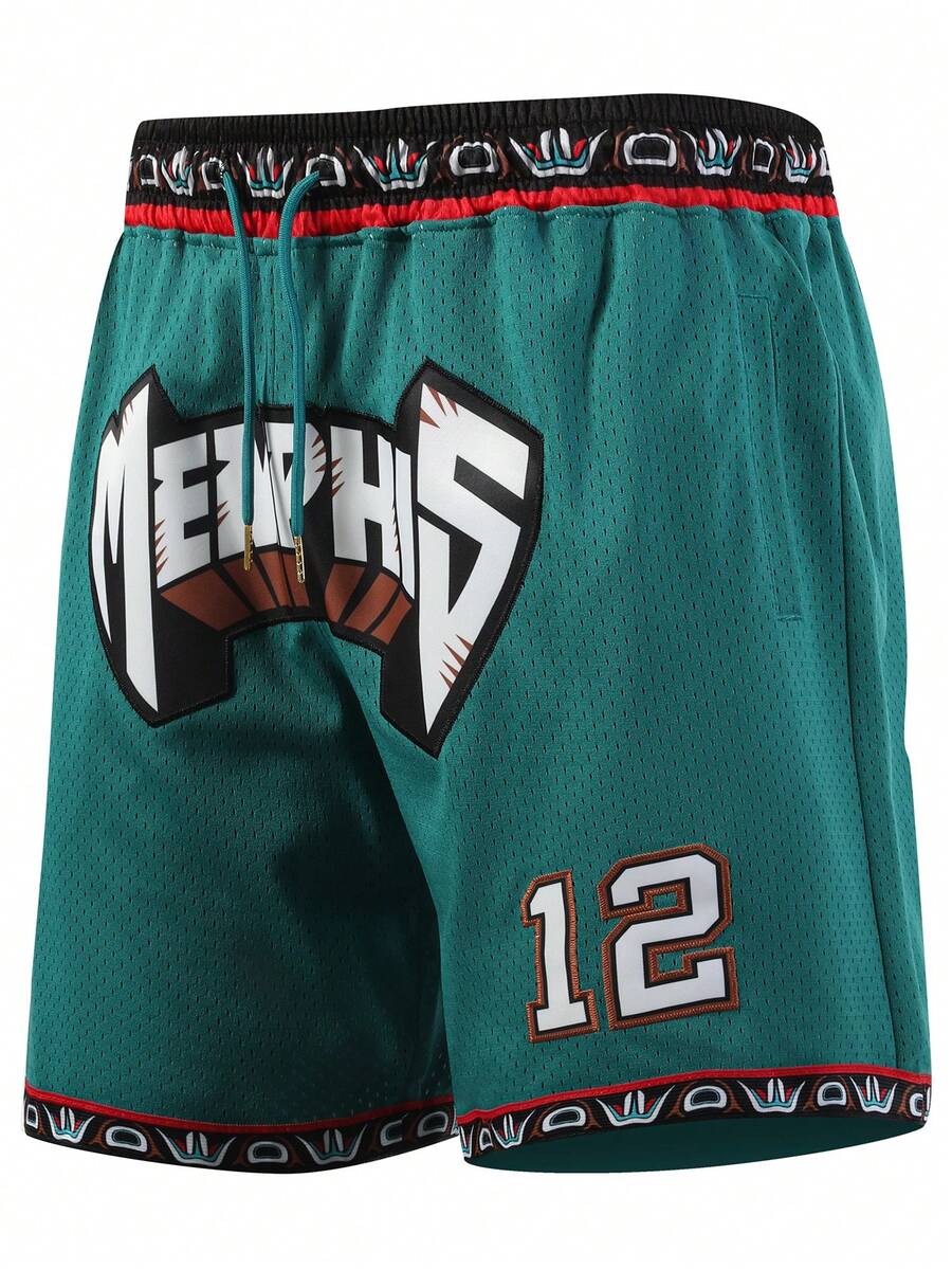 Men's 12 Green Basketball Shorts Casual Embroidered Sewn Zipper Pocket Party Sports Pants - Green - View 1