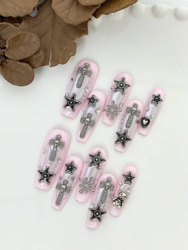 Lange, ordentliche, schwere Industrie-Stil, rosa Metall, süß, cool, reiner Handarbeit Tragenägel, geeignet für den täglichen Gebrauch, Partys, Treffen und Bälle.