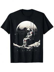 Men's Heavyweight 180gsm Cotton Space Astronaut Swing T-Shirt - Black With White Moon & Stars Print, Spacewalk Astronaut & Earth Design - Casual Round Neck Short Sleeve Tee For Casual Attire, Themed Events & Sci-Fi Conventions - All-Season Comfort (Sizes S-XXXL) - Astronomy & Space Enthusiast Apparel, Durable Graphic Tee For Men, Highquality Fabric, Longlasting Print - 黑色 - 查看 1