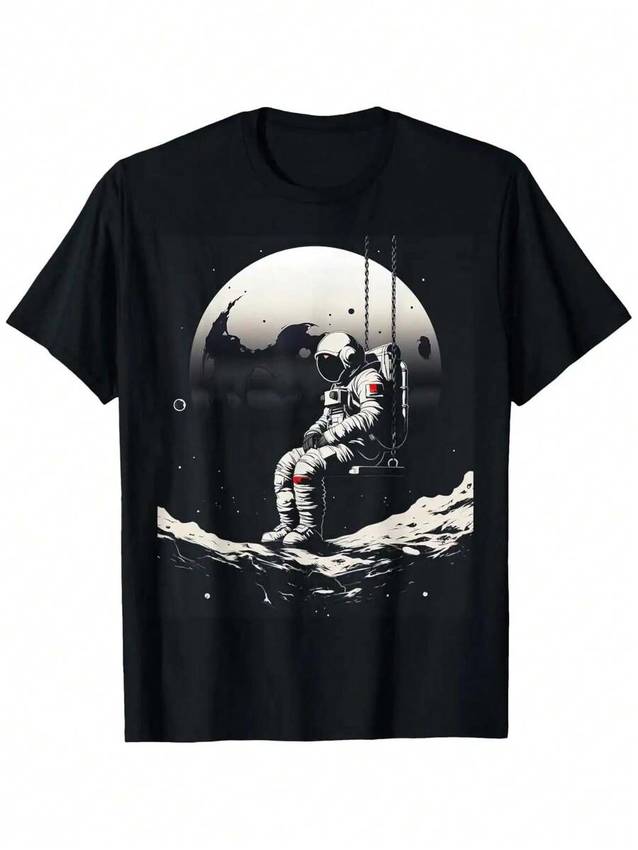 Men's Heavyweight 180gsm Cotton Space Astronaut Swing T-Shirt - Black With White Moon & Stars Print, Spacewalk Astronaut & Earth Design - Casual Round Neck Short Sleeve Tee For Casual Attire, Themed Events & Sci-Fi Conventions - All-Season Comfort (Sizes S-XXXL) - Astronomy & Space Enthusiast Apparel, Durable Graphic Tee For Men, Highquality Fabric, Longlasting Print - 黑色 - 查看 1