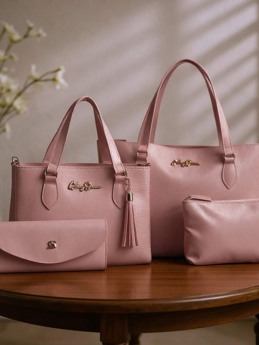 Kit 4 Anjik Medium Women's Bags + Wallet + Tote Bag + Toiletry Bag, Zipper Closure, Synthetic PU, Everyday Bag, Luxurious, Elegant, Party, Work, School, University. Gaby Show - 乾枯玫瑰色 - 查看 1