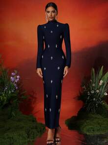 LOVE Aing Women's Black, Navy Blue, Olive Green Handcrafted Rhinestone Embellished Long Sleeve Formal Evening Gown With Back Slit, Luxurious & Elegant For Ramadan Banquet, Business Occasions - Navy Blue - View 2