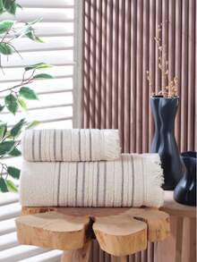 Cotton Towel Set – 150x90 Cm + 70x140 Cm – Soft, Absorbent, Durable – Made In Turkey - Beige - View 3