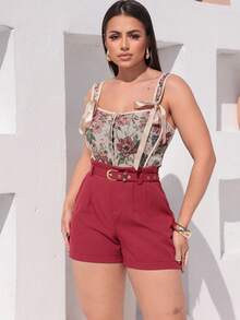 Women's Tailored Shorts With Belt And Pocket Thin Belt - 勃根地 - 查看 1