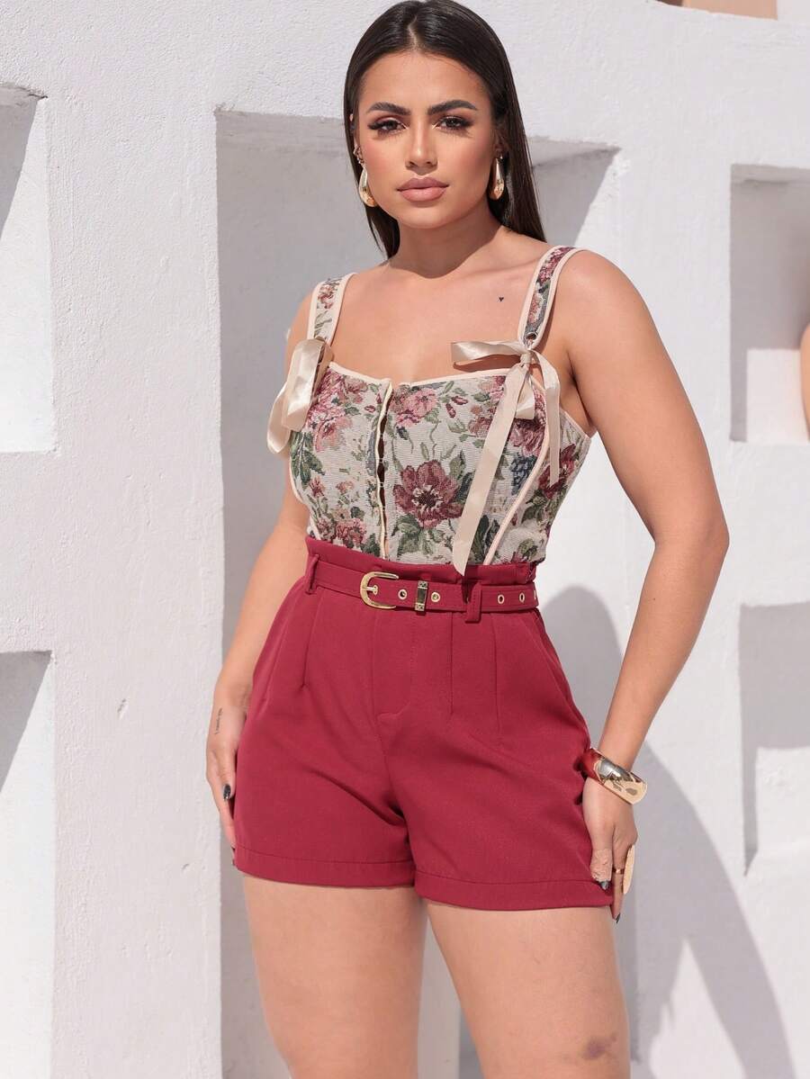 Women's Tailored Shorts With Belt And Pocket Thin Belt - 勃根地 - 查看 1