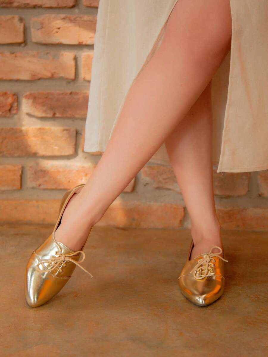 Women's Oxford Shoes With Lace-Up, Comfortable Pointed Toe - 金光 - 查看 1