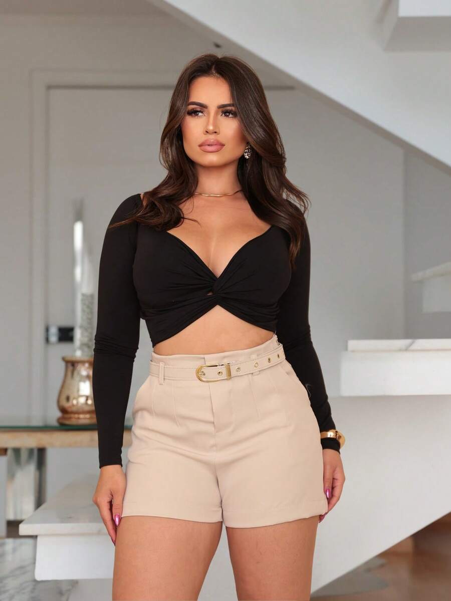Women's Tailored Shorts With Pocket And Lined Belt, High Waist - khỏa thân - Xem 1