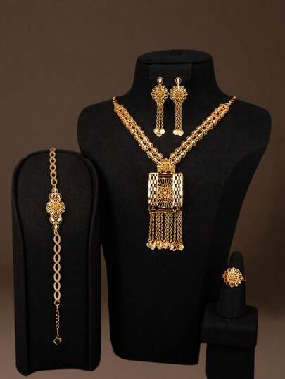 5pcs Sunflower Hollow Tag Tasseled 18K+ Champagne Gold Plated Copper Alloy Anti-Oxidation Non-Fading Romantic French Style Dubai Bride Luxury Wedding Holiday Gift Set