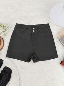 Quần short mini ôm sát bằng da PU, cạp cao, co giãn, cài cúc phía trước, túi xéo, gợi cảm, thích hợp cho đi chơi, hẹn hò, Halloween, dành cho nữ, màu đen, mùa hè. - màu đen - Xem 6